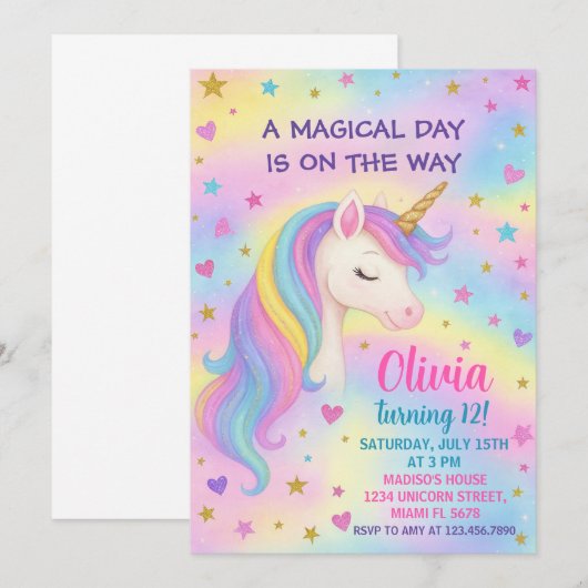 Einladung von Rainbow Unicorn (Vorne/Hinten)