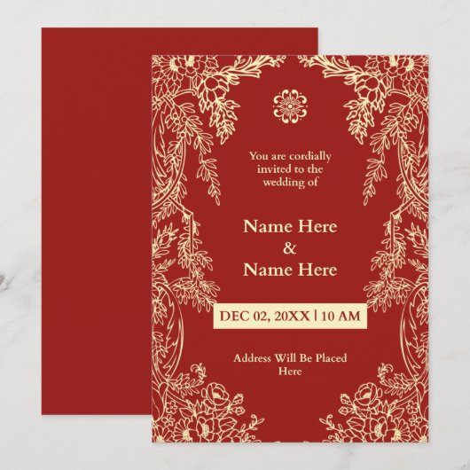 Einladung von Red Floral Simple Wedding (Vorne/Hinten)