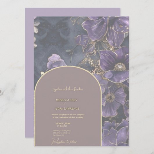 Einladung von Regal Lila und Gold Floral Wedding (Vorne/Hinten)