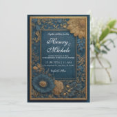 Einladung von Regal Navy und Gold Floral Wedding (Stehend Vorderseite)