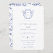 Einladung von Regency Blue Wappen Monogram (Vorne/Hinten)