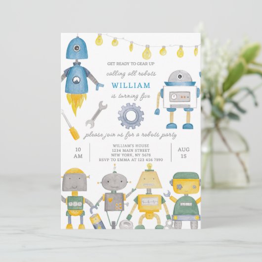 Einladung von Robot Birthday (Stehend Vorderseite)