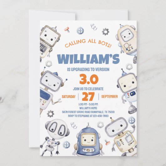 Einladung von Robot Birthday (Vorderseite)