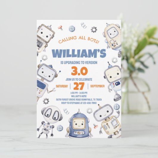 Einladung von Robot Birthday (Stehend Vorderseite)