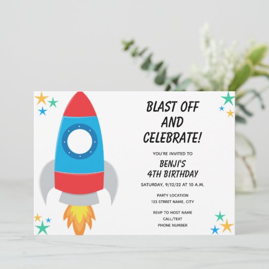 Einladung von Rocket Birthday (Stehend Vorderseite)