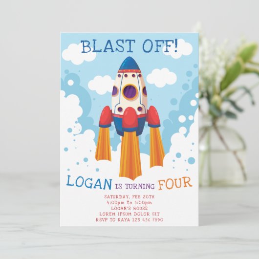 Einladung von Rocket Birthday (Stehend Vorderseite)