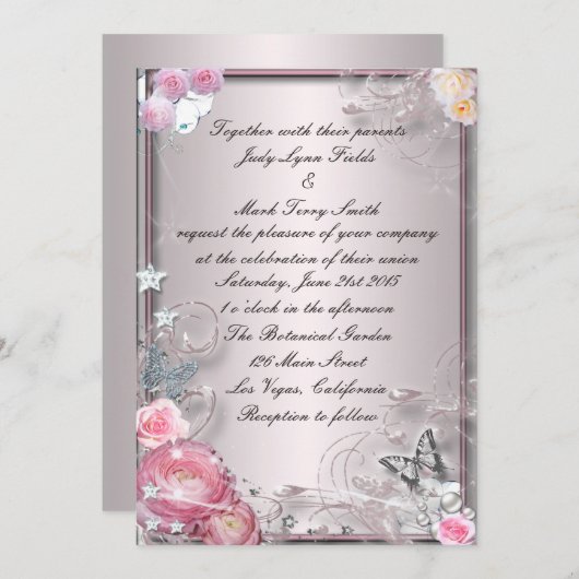 Einladung von Rosa Blüten und Schmetterlingen (Vorne/Hinten)