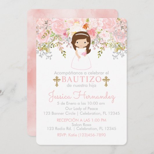 Einladung von Rosas para Bautizo de niña Einladung (Vorne/Hinten)