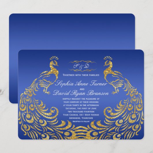 Einladung von Royal Blue Gold Peacock Hochzeit (Vorne/Hinten)