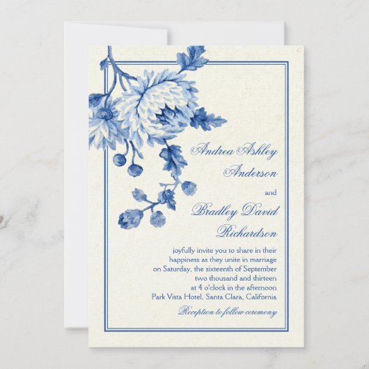 Einladung von Royal Blue Ivory Toile Floral Weddin (Vorderseite)