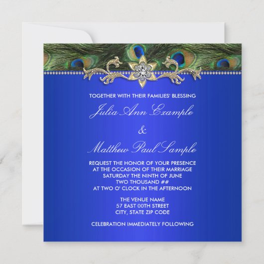 Einladung von Royal Blue Peacock Hochzeit (Rückseite)