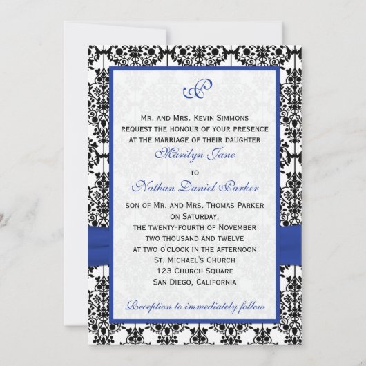 Einladung von Royal Blue, White, Black Damask Hoch (Rückseite)
