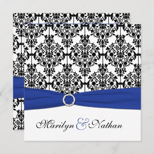 Einladung von Royal Blue, White, Black Damask Hoch (Vorne/Hinten)
