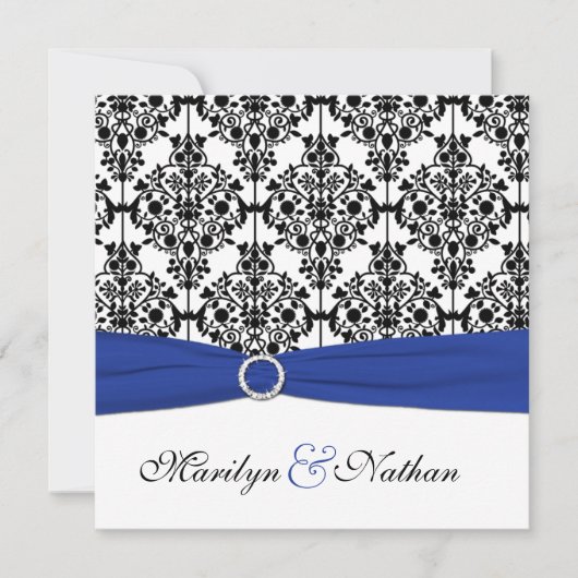 Einladung von Royal Blue, White, Black Damask Hoch (Vorderseite)