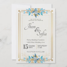 Einladung von Royal Blue White Gold Floral Wedding