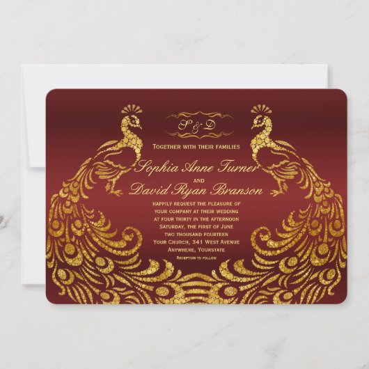 Einladung von Royal Burgundy Gold Peacock Wedding (Vorderseite)