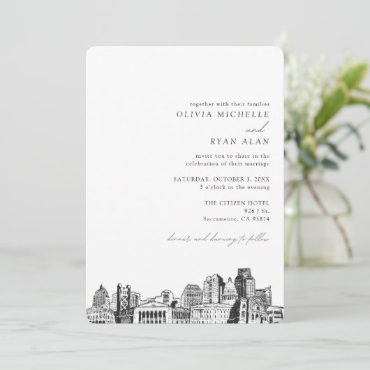 Einladung von Sacramento Wedding Skyline (Stehend Vorderseite)