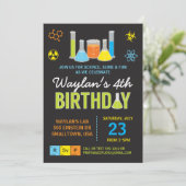 Einladung von Science Birthday Party in Blue (Stehend Vorderseite)