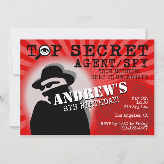 Einladung von Secret Agent Spy Birthday Party (Vorderseite)