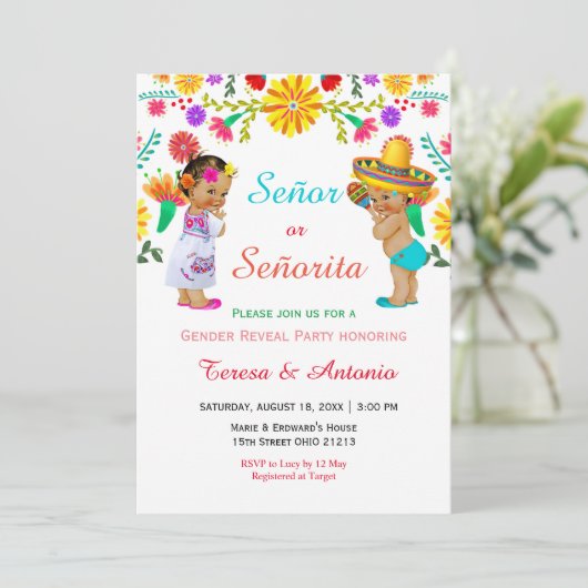 Einladung von Senor oder Senorita Fiesta Gender (Stehend Vorderseite)