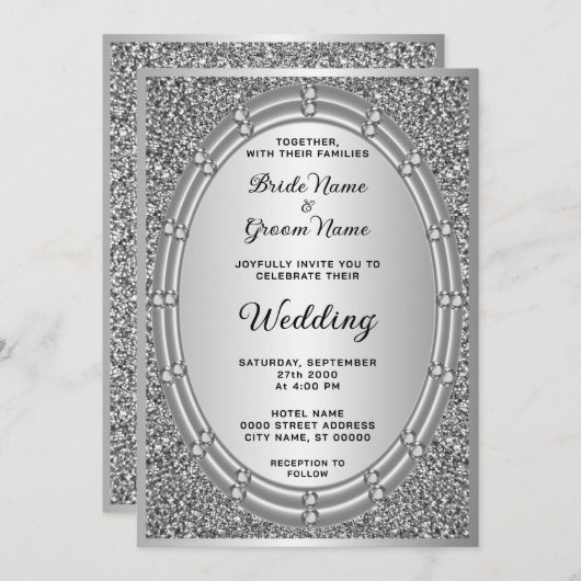 Einladung von Silver Glitzer Frame Hochzeit (Vorne/Hinten)