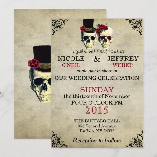 Einladung von Skeleton Skulls Hochzeit (Vorne/Hinten)