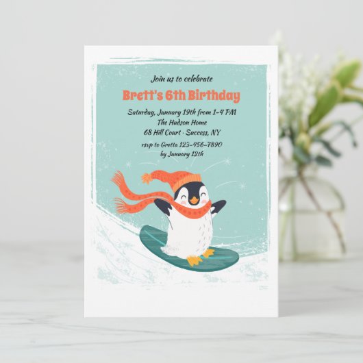 Einladung von Snowboard Pinguin (Stehend Vorderseite)