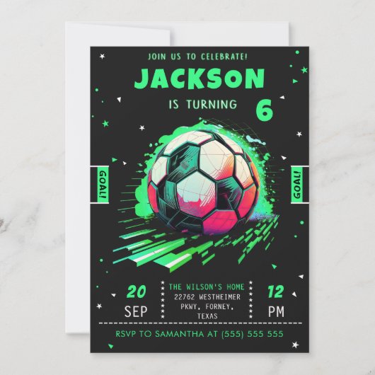 Einladung von Soccer Neon zum Geburtstag (Vorderseite)