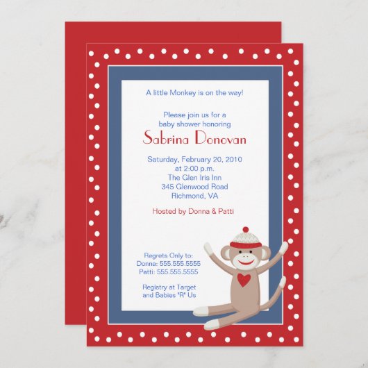 Einladung von Sock Monkey 12x18 Baby Shower (rot/D (Vorne/Hinten)