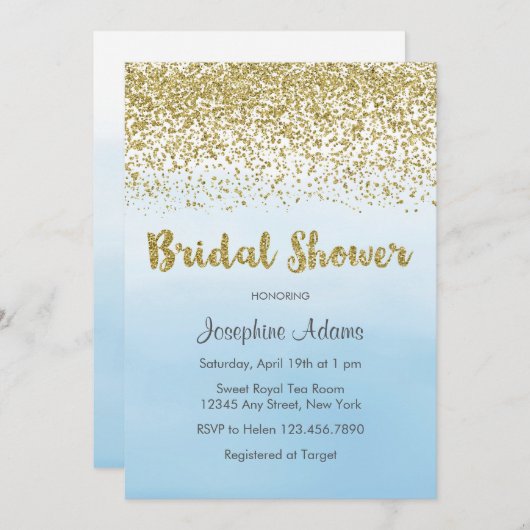 Einladung von Soft Blue und Gold Bridal Dusche (Vorne/Hinten)