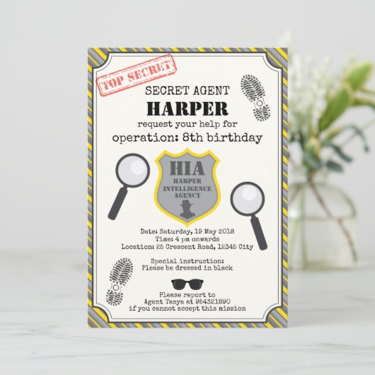 Einladung von Spy Kindergeburtstag - Schwarz-Gelb (Stehend Vorderseite)