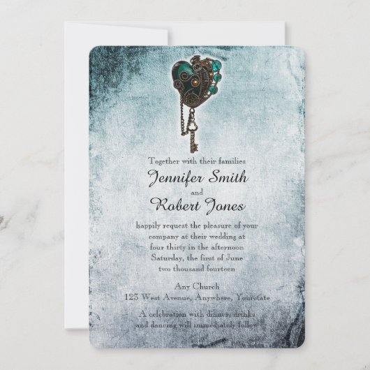 Einladung von Steampunk Aquamarin Heart Wedding (Vorderseite)