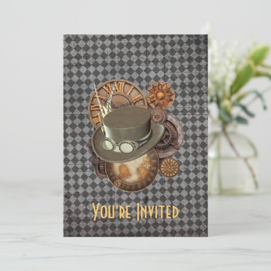 Einladung von Steampunk Viktorianisch Hats & Gears (Stehend Vorderseite)
