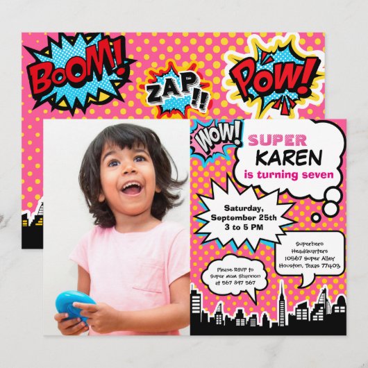 Einladung von Superheldin Birthday (Vorne/Hinten)