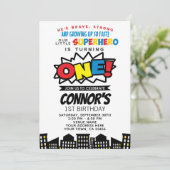 Einladung von Superhero zum 1. Geburtstag (Stehend Vorderseite)