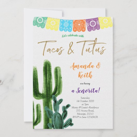 Einladung von Tacos und Tutus Cactus Baby Shower (Vorderseite)