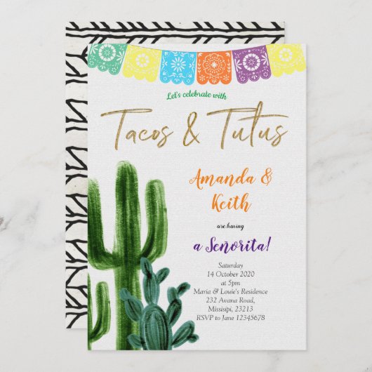 Einladung von Tacos und Tutus Cactus Baby Shower (Vorne/Hinten)