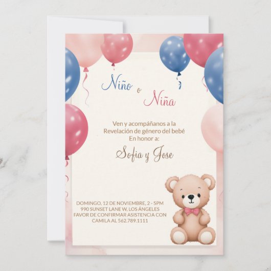 Einladung von Teddy Bear Spanish Gender Reveitatio (Vorderseite)