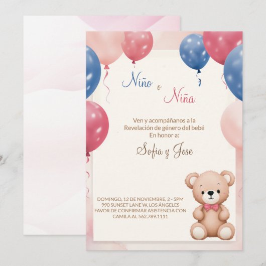 Einladung von Teddy Bear Spanish Gender Reveitatio (Vorne/Hinten)