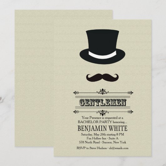 Einladung von Top Hat und Mustache (Vorne/Hinten)