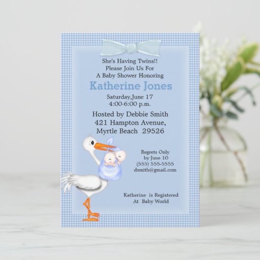 Einladung von Twin Baby Boy Shower (Stork) (Stehend Vorderseite)