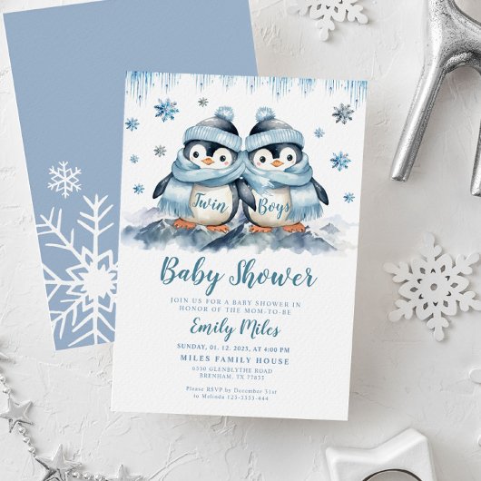 Einladung von Twin Boys Baby Shower Pinguin