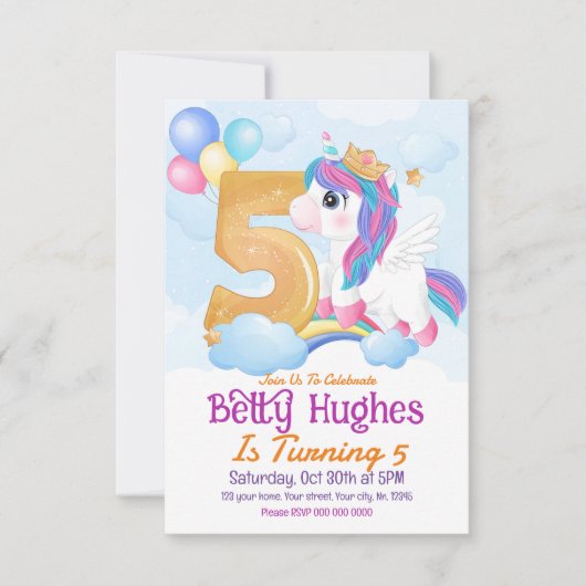 Einladung von Unicorn 5. Geburtstag (Vorderseite)