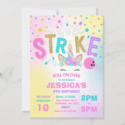 Einladung von Unicorn Bowling Bowling Birthday Par (Vorderseite)