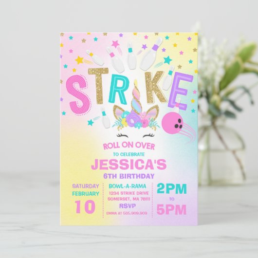 Einladung von Unicorn Bowling Bowling Birthday Par (Stehend Vorderseite)