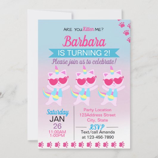 Einladung von Unicorn Cat Heart Cartoon (Vorderseite)