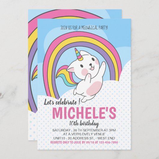 Einladung von Unicorn Cat Rainbow (Vorne/Hinten)