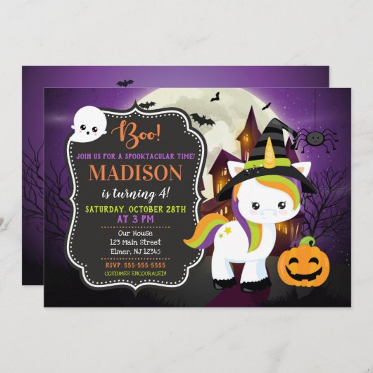Einladung von Unicorn Halloween (Vorne/Hinten)