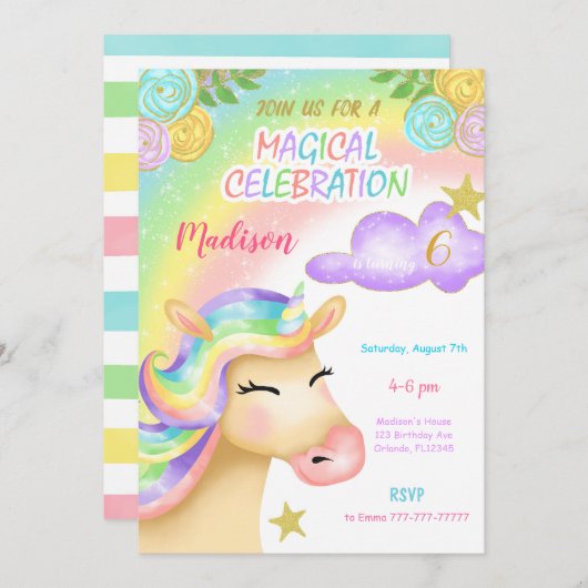 Einladung von Unicorn Kindergeburtstag (Vorne/Hinten)