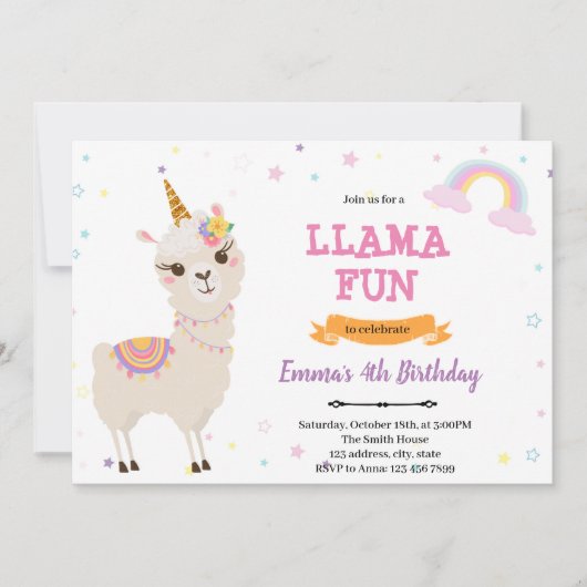 Einladung von Unicorn Lama (Vorderseite)